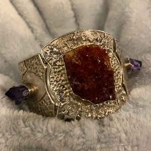 Vintage Raw Uncut Creedite and Amethyst .950 Silver Bracelet/Cuff
